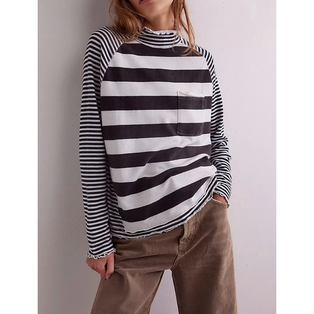 NEW Free People Punk Playful Black White Stripe Mock Neck Raglan Top OB2113916 M